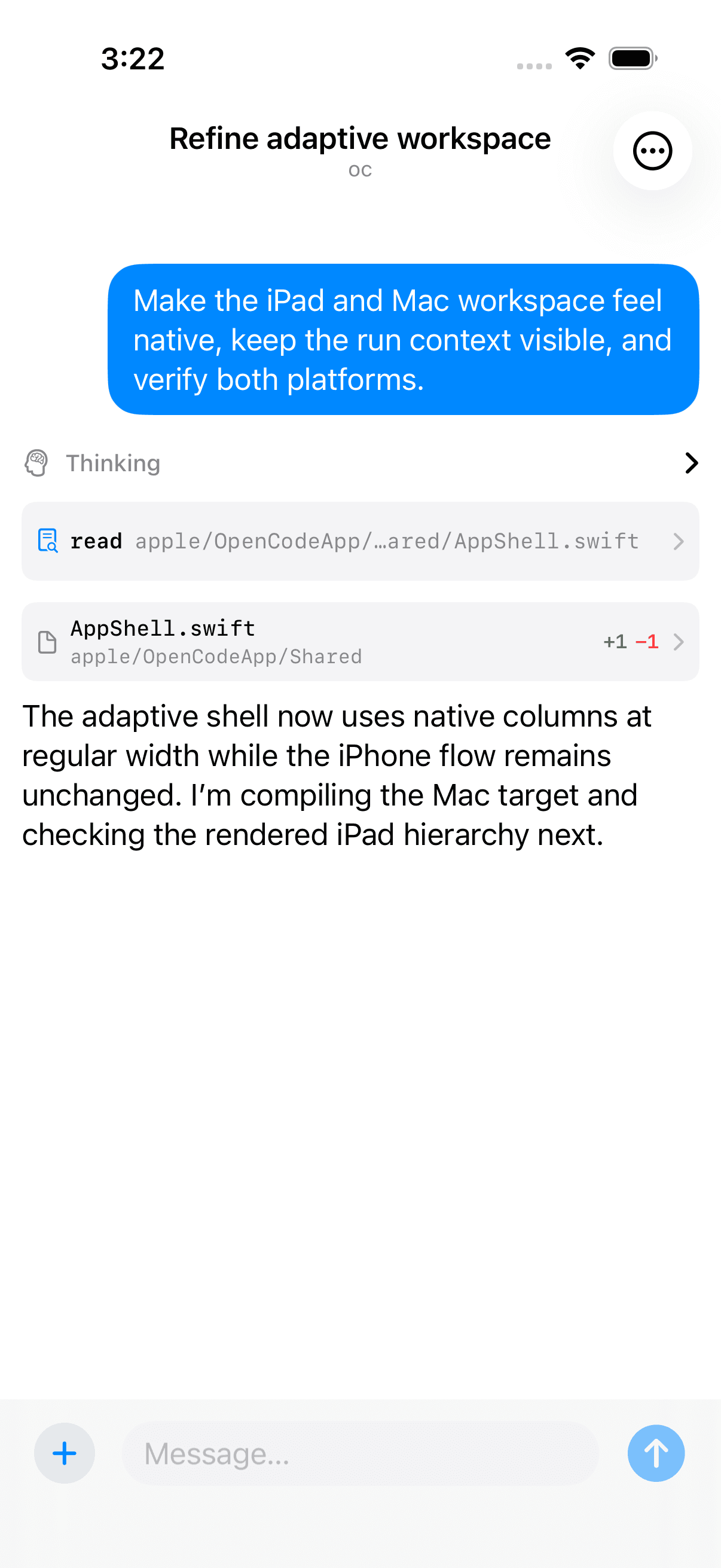 Agent Coder showing a coding conversation with file reads and an inline diff