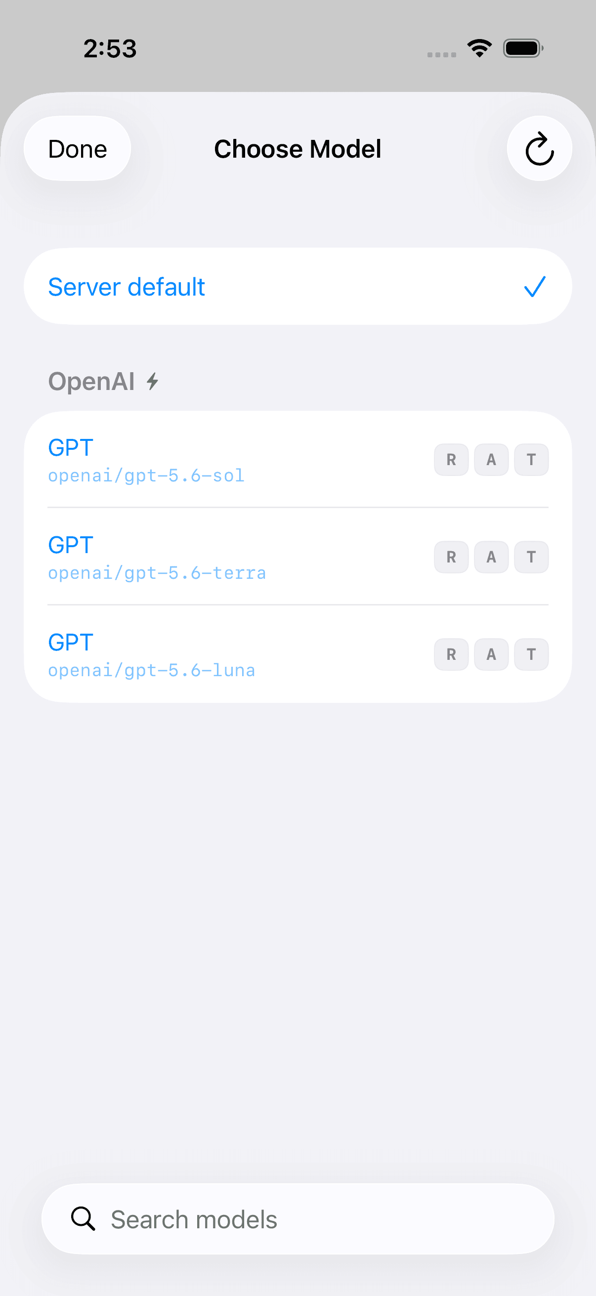 Agent Coder showing the model picker with server default and provider models