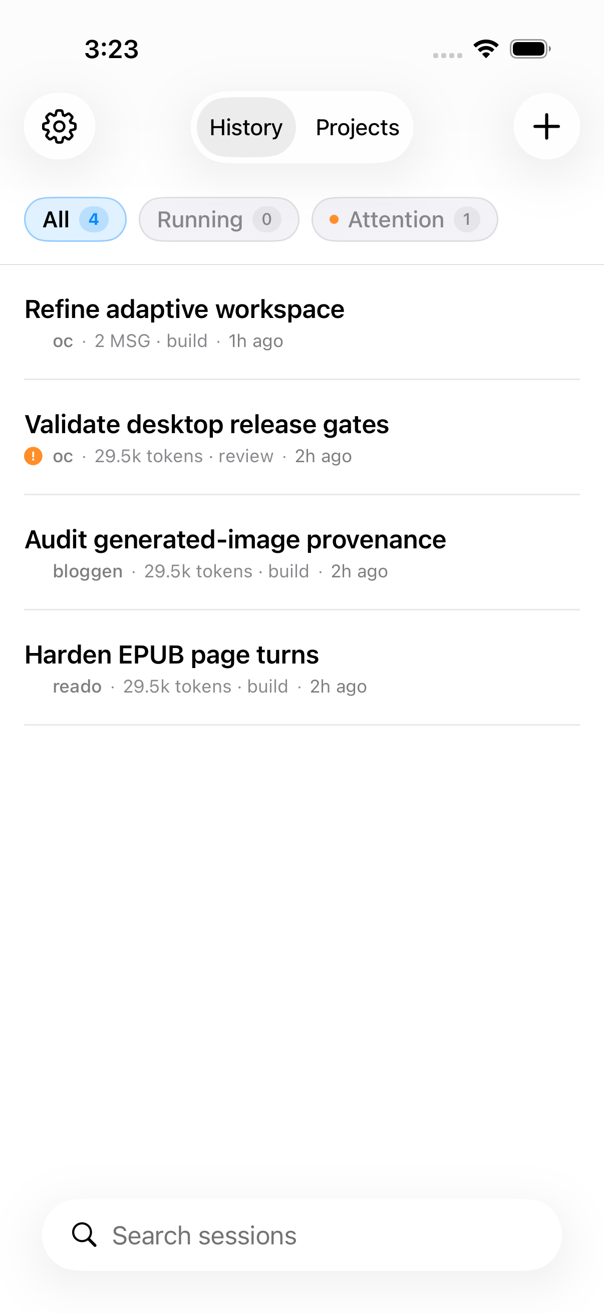 Agent Coder development build with session history, project tabs, running and attention filters, and session search